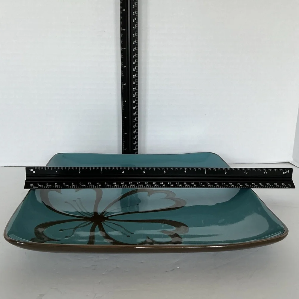 Pier 1 Hibiscus Pattern Square Dinner Plate Teal And Brown Flower Design Vintage